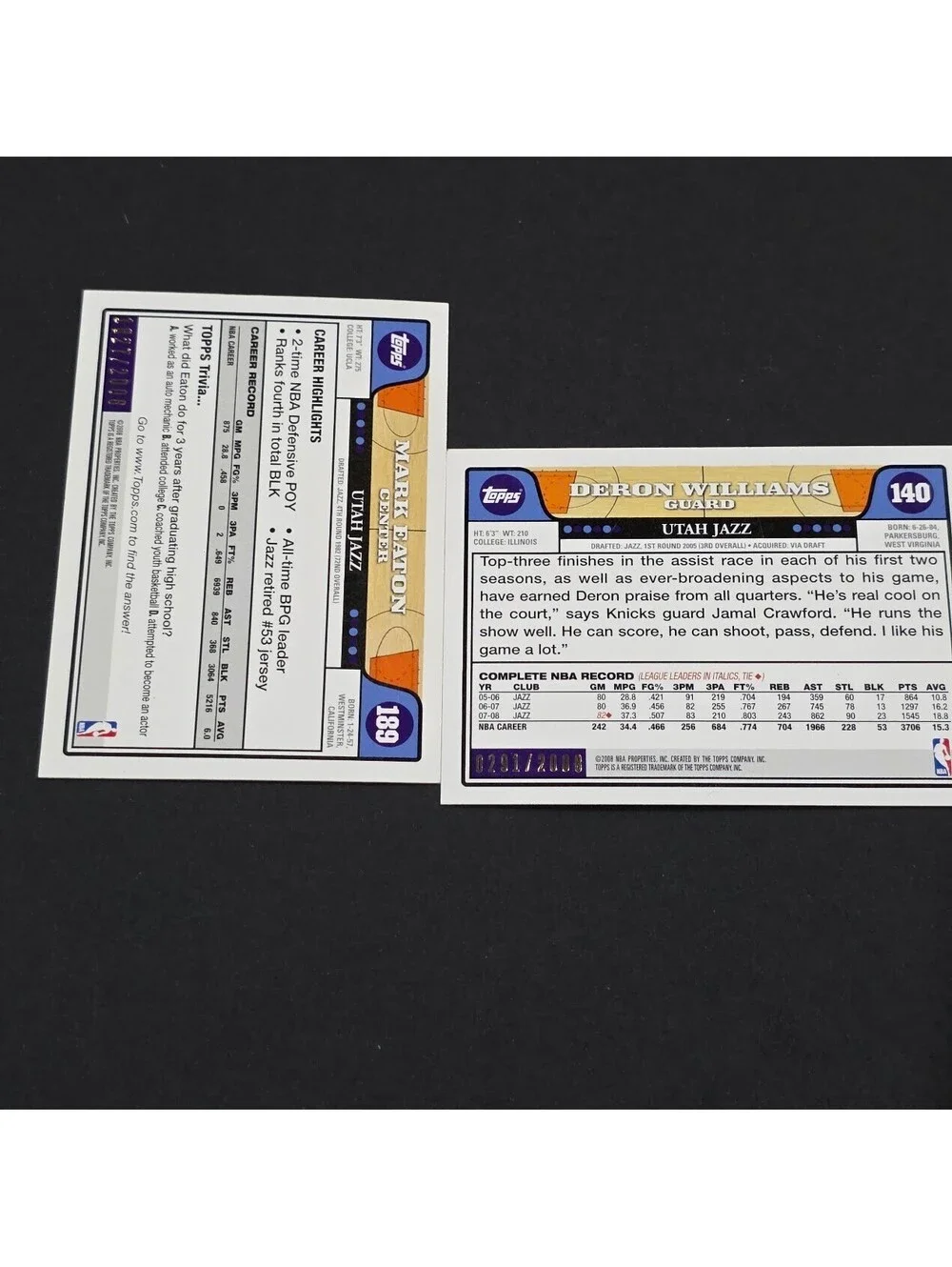 2008-09 Topps Utah Jazz Mark Eaton #189 Deron Williams #140 Gold  /2008